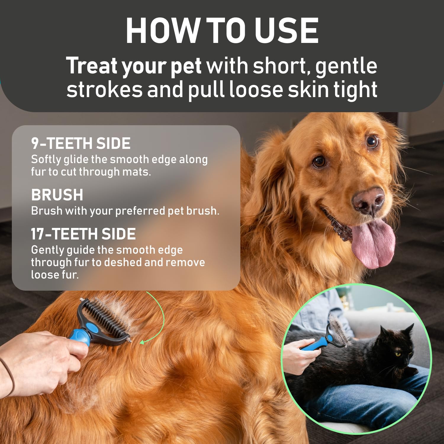 Pet Grooming Rake - Double-Sided Deshedding Dematting Tool, Undercoat Rake for Dogs & Cats, Extra-Wide Dog Grooming Brush & Deshedder Comb for Long Hair, Reduces Shedding 90%