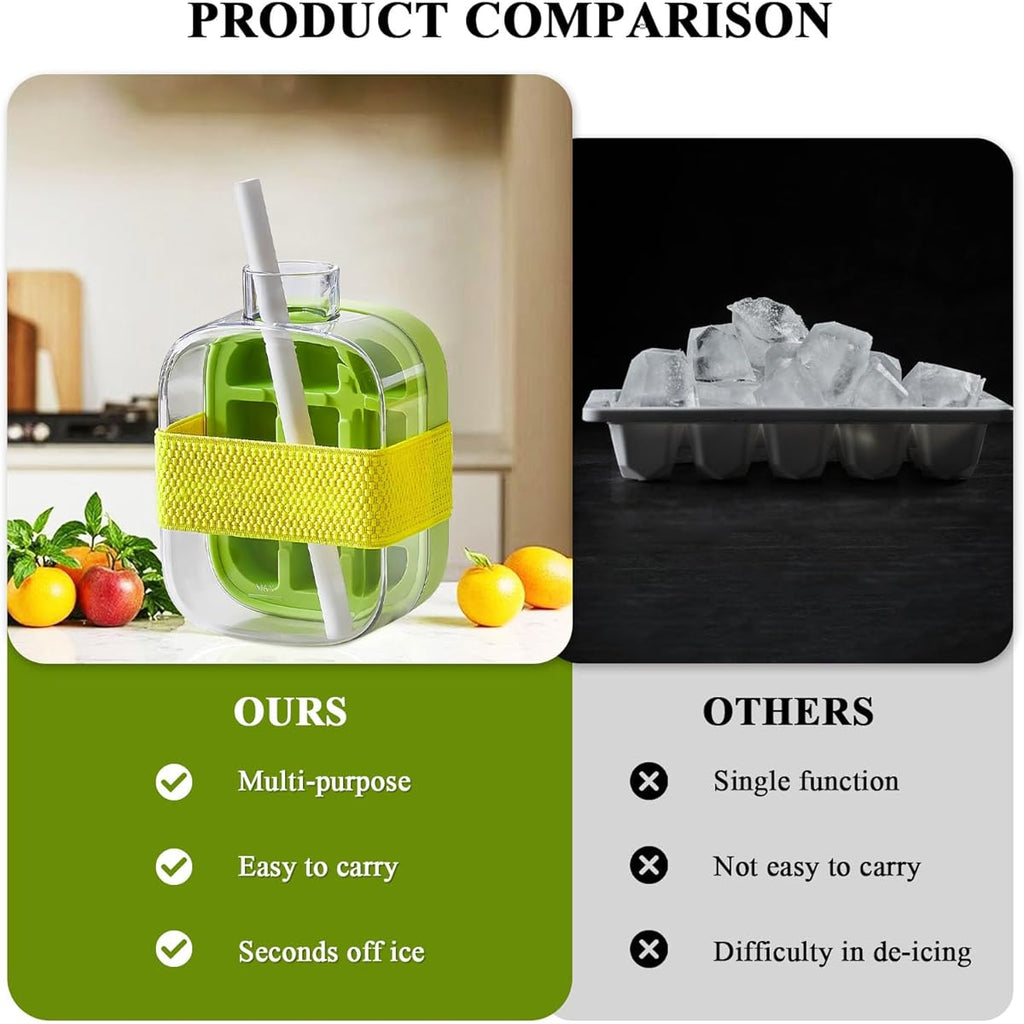 Ice Cube Bottle, 2in1 Touch Free Ice Cube Tray Water Bottle Come With Reusable Straw Tray Easy To Take Ice By Pressing Suitable For Coffee Juice Drinks