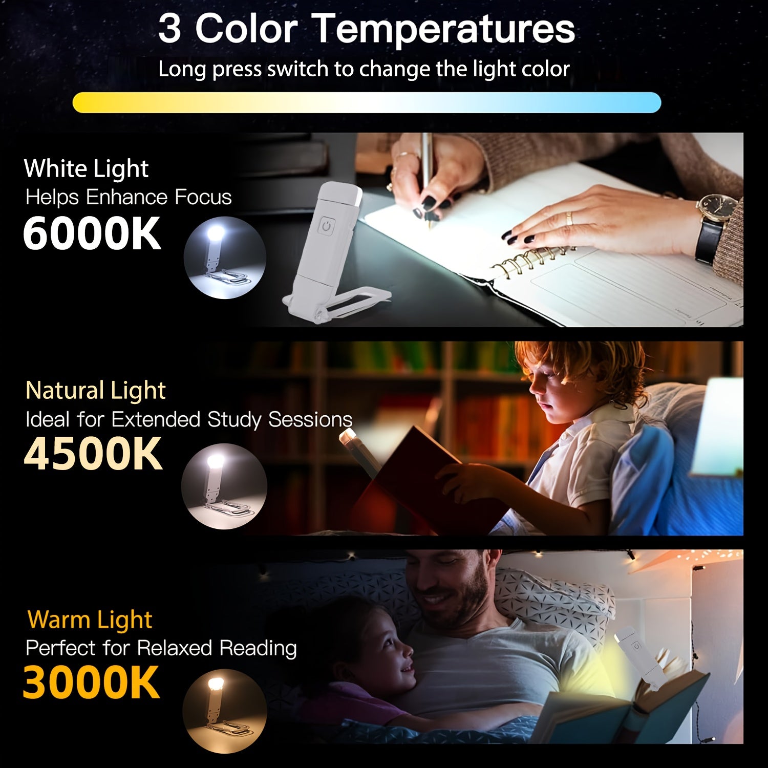 2pcs USB Rechargeable Book Light for Reading in Bed, LED Book Reading Lights with Clip, Perfect for Bookworms, Kids, Warm White, Brightness Adjustable