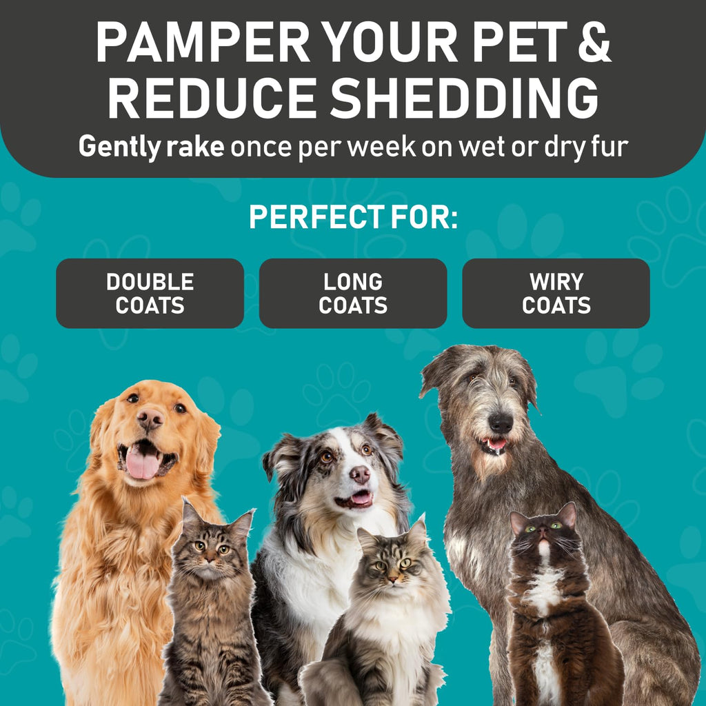 Pet Grooming Rake - Double-Sided Deshedding Dematting Tool, Undercoat Rake for Dogs & Cats, Extra-Wide Dog Grooming Brush & Deshedder Comb for Long Hair, Reduces Shedding 90%