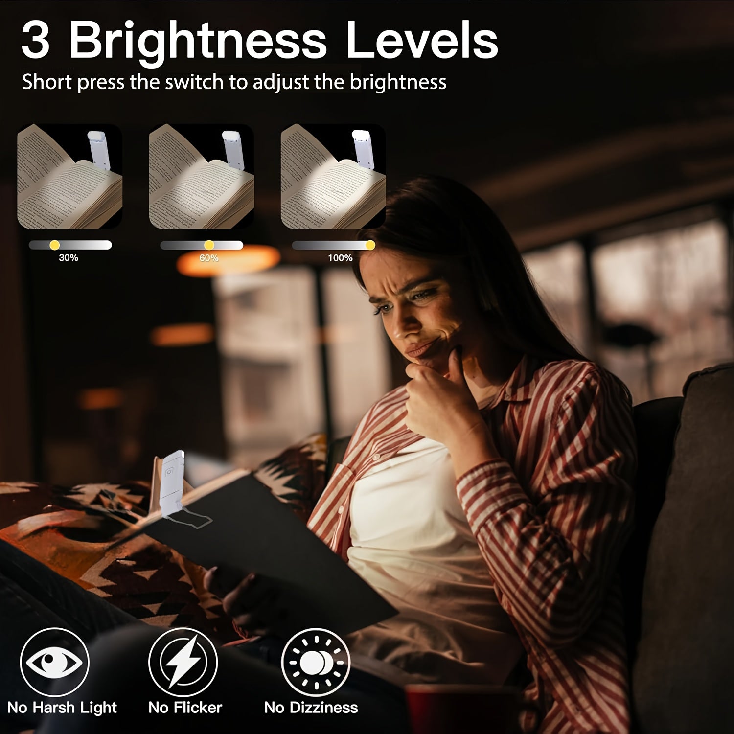 2pcs USB Rechargeable Book Light for Reading in Bed, LED Book Reading Lights with Clip, Perfect for Bookworms, Kids, Warm White, Brightness Adjustable