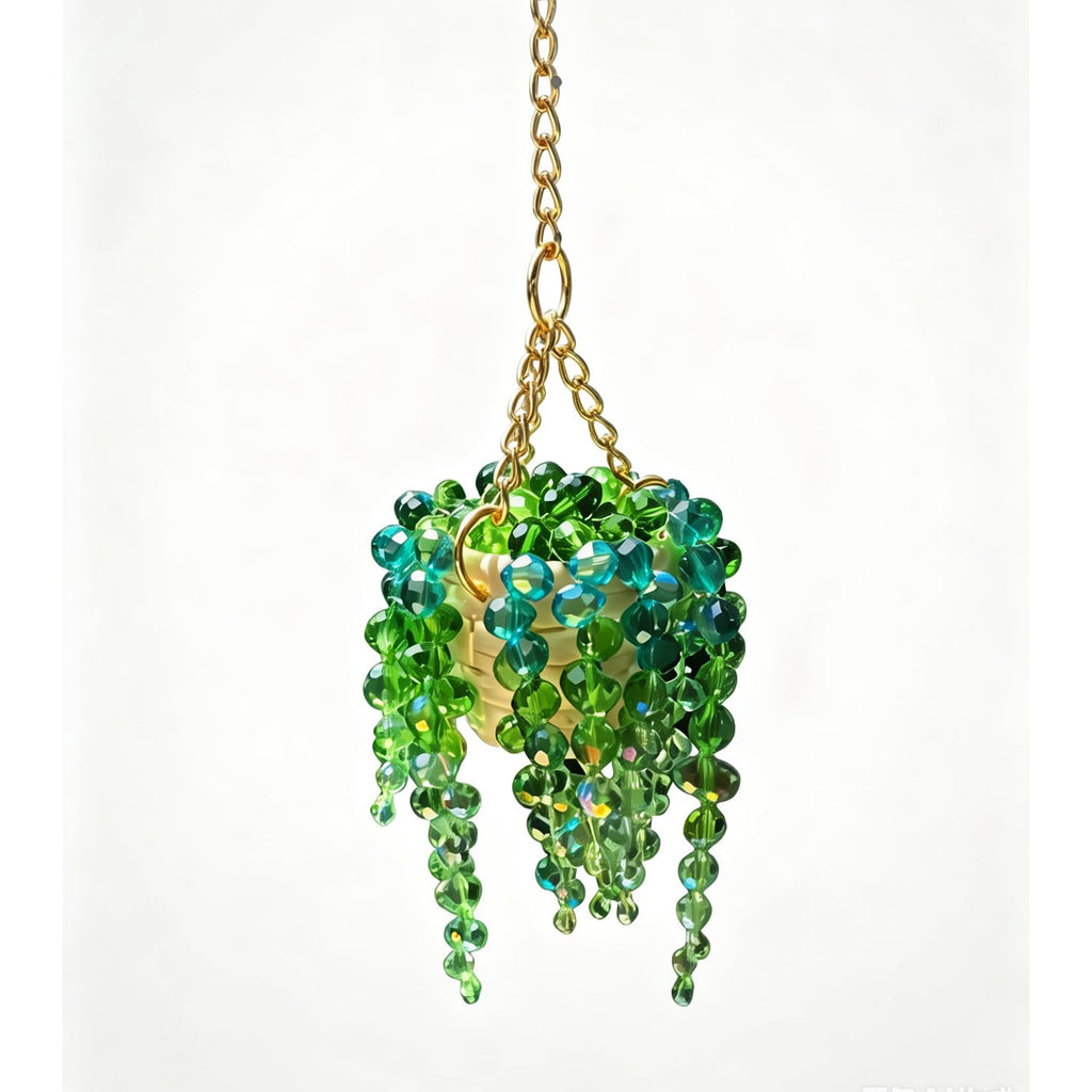 Sun-Kissed Beaded Succulent Car Hanging Charm, Crystal Suncatcher Rear View Mirror Ornament, Green Bead Plant Decor with Gold Chain, Cute Boho Car Accessories for Women,Father's Day Gift