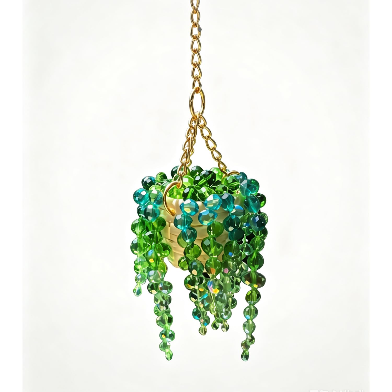 Sun-Kissed Beaded Succulent Car Hanging Charm, Crystal Suncatcher Rear View Mirror Ornament, Green Bead Plant Decor with Gold Chain, Cute Boho Car Accessories for Women,Father's Day Gift