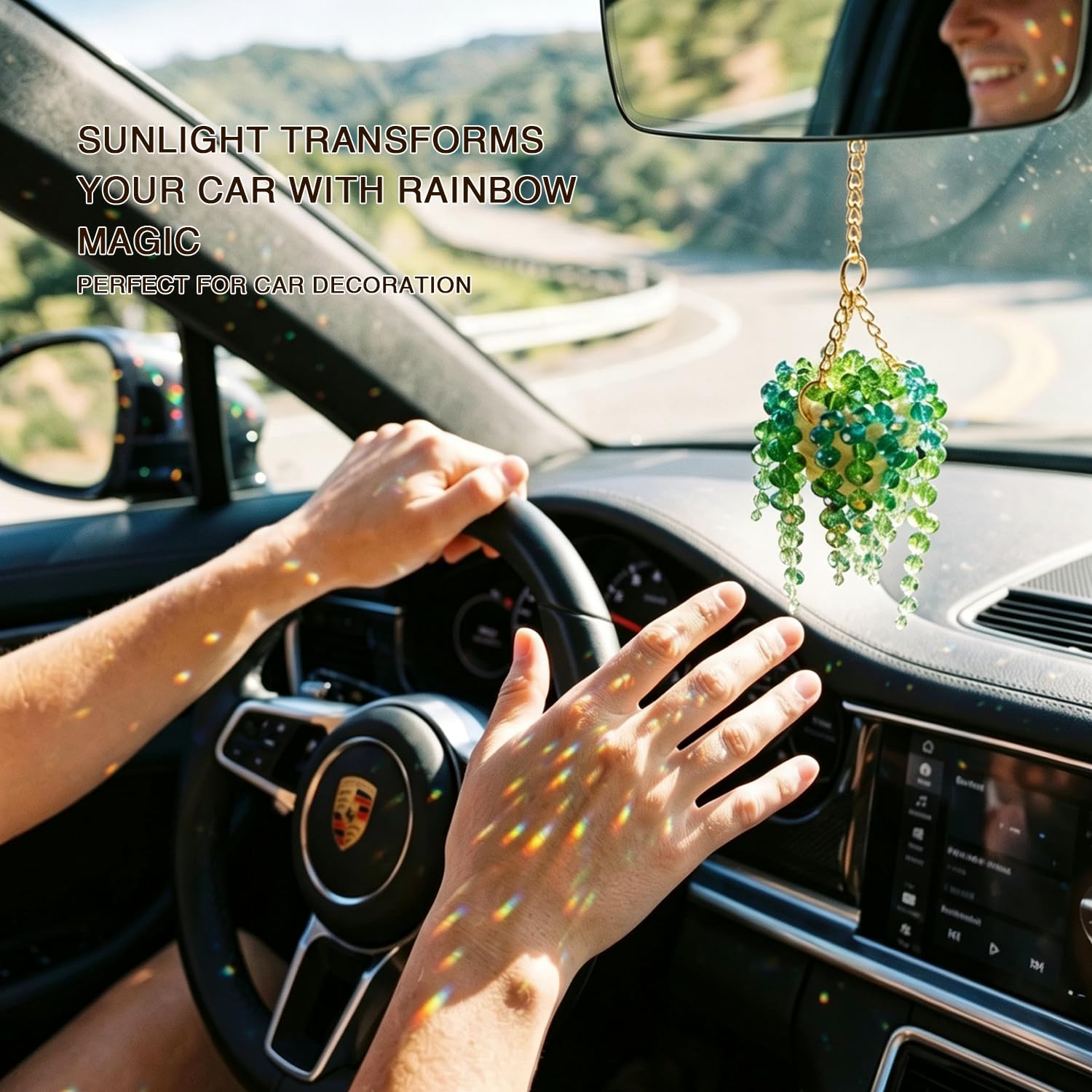 Sun-Kissed Beaded Succulent Car Hanging Charm, Crystal Suncatcher Rear View Mirror Ornament, Green Bead Plant Decor with Gold Chain, Cute Boho Car Accessories for Women,Father's Day Gift