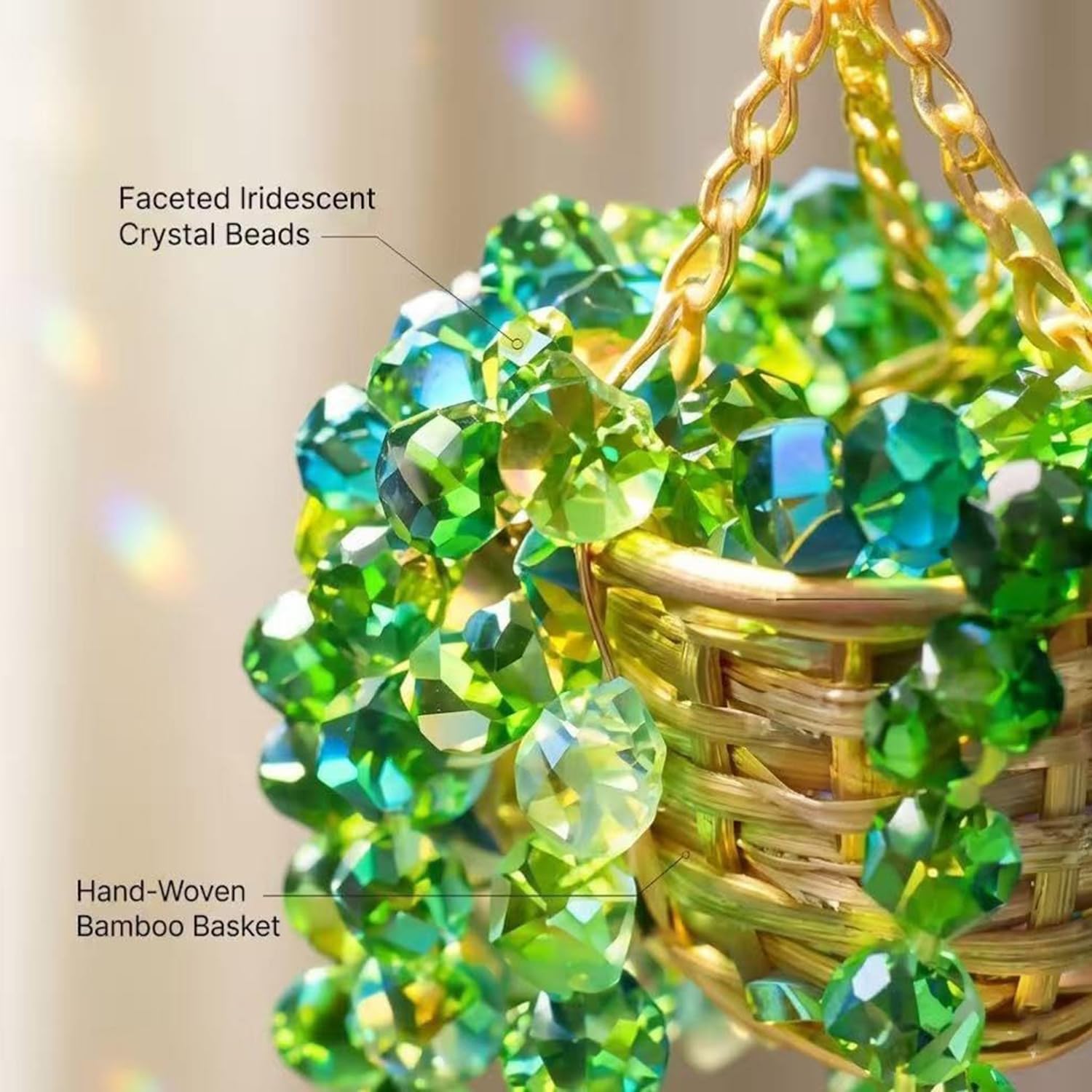 Sun-Kissed Beaded Succulent Car Hanging Charm, Crystal Suncatcher Rear View Mirror Ornament, Green Bead Plant Decor with Gold Chain, Cute Boho Car Accessories for Women,Father's Day Gift