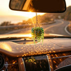 Sun-Kissed Beaded Succulent Car Hanging Charm, Crystal Suncatcher Rear View Mirror Ornament, Green Bead Plant Decor with Gold Chain, Cute Boho Car Accessories for Women,Father's Day Gift