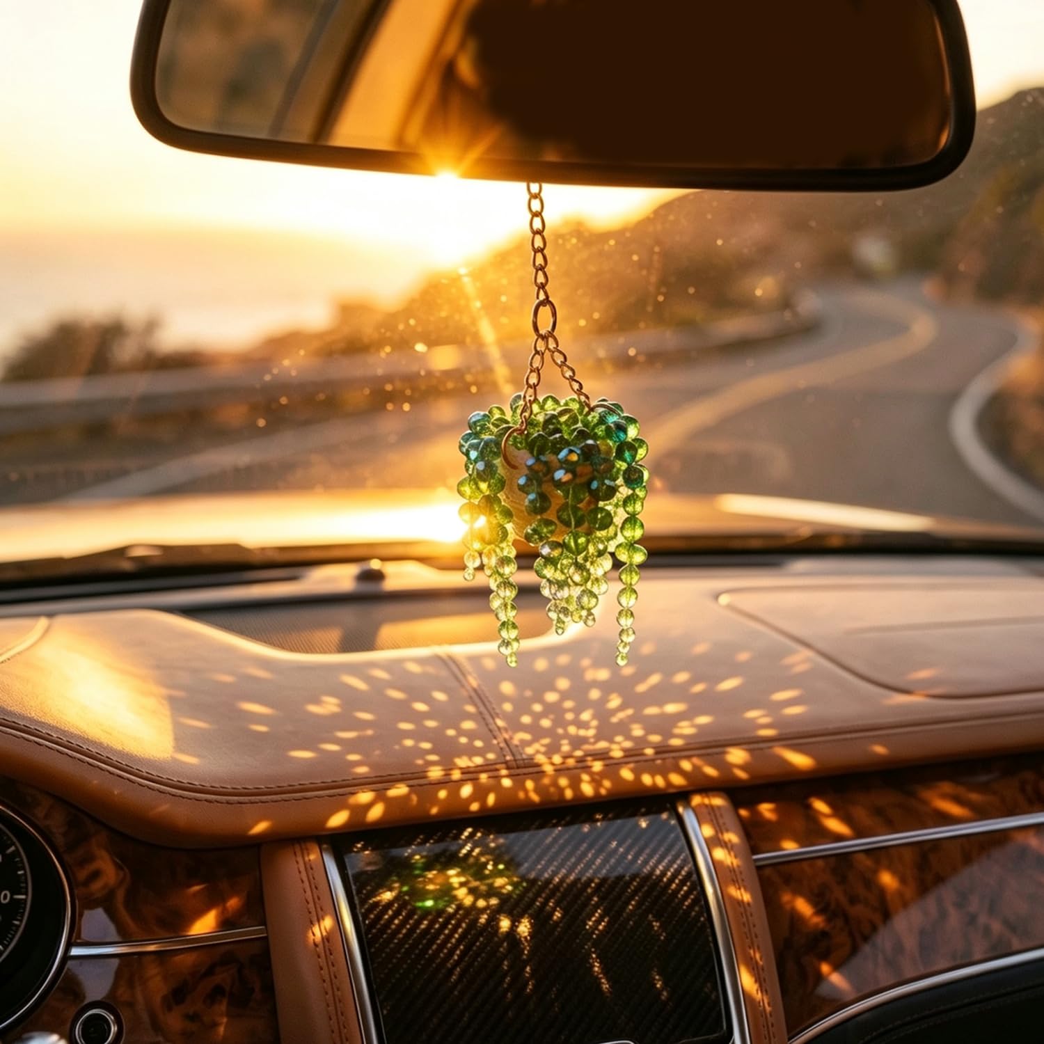 Sun-Kissed Beaded Succulent Car Hanging Charm, Crystal Suncatcher Rear View Mirror Ornament, Green Bead Plant Decor with Gold Chain, Cute Boho Car Accessories for Women,Father's Day Gift
