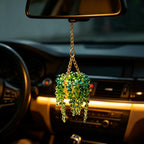 Sun-Kissed Beaded Succulent Car Hanging Charm, Crystal Suncatcher Rear View Mirror Ornament, Green Bead Plant Decor with Gold Chain, Cute Boho Car Accessories for Women,Father's Day Gift
