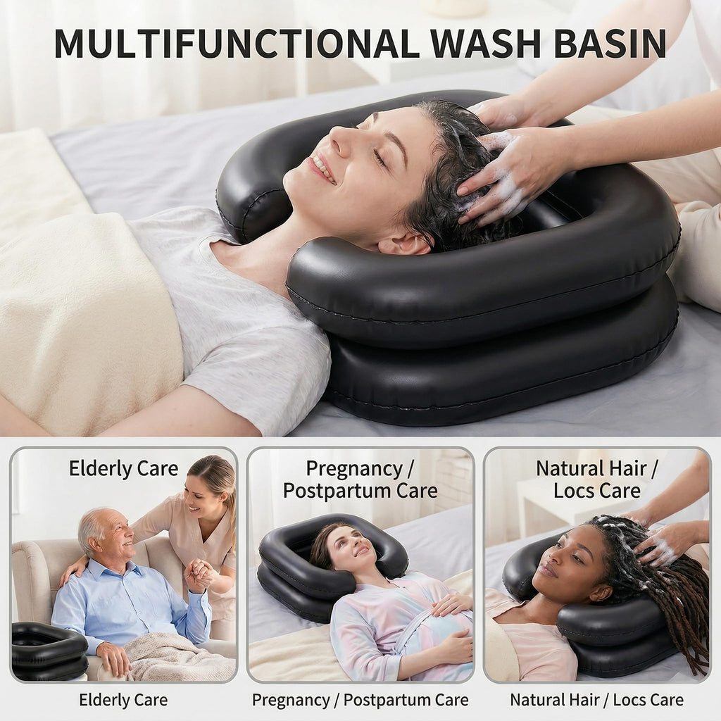 Inflatable Shampoo Basin, Portable Hair Washing Bowl with Drain Hose, Double-Layer Ergonomic Neck Support & Leak-Proof Design, for Bedridden, Disabled, Elderly and Pregnant Women