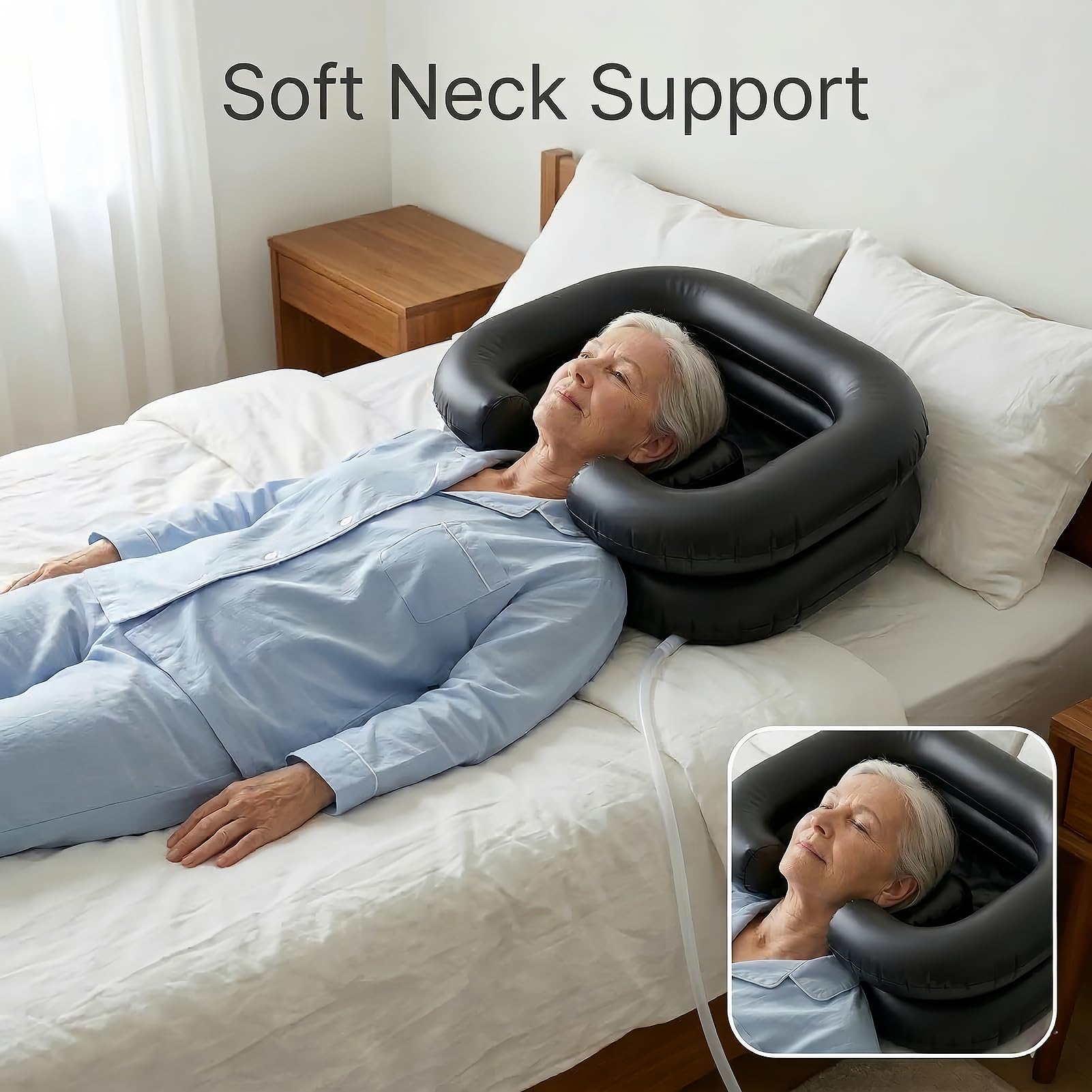 Inflatable Shampoo Basin, Portable Hair Washing Bowl with Drain Hose, Double-Layer Ergonomic Neck Support & Leak-Proof Design, for Bedridden, Disabled, Elderly and Pregnant Women