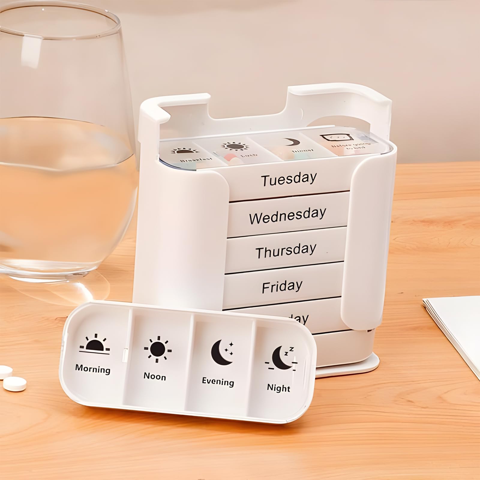7-Day Medication Organizer, Weekly Pill Organizer, Portable Food-Grade Medicine Box Square, Convenient 28-Grid Drawer Medicine Box Home Travel Storage Case for Medication, Supplements