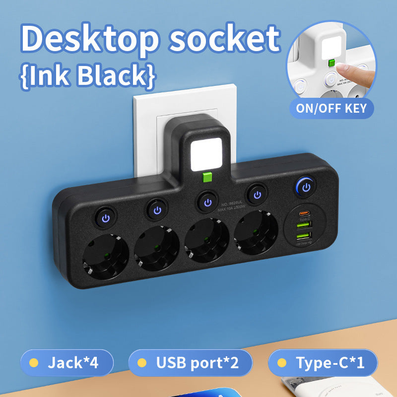 7-in-1 Multi-Function USB Power Socket with Multi-Switch Control Design, Travel Adapter, USB Converter Outlet, Independent Switch, Suitable for Work/Home