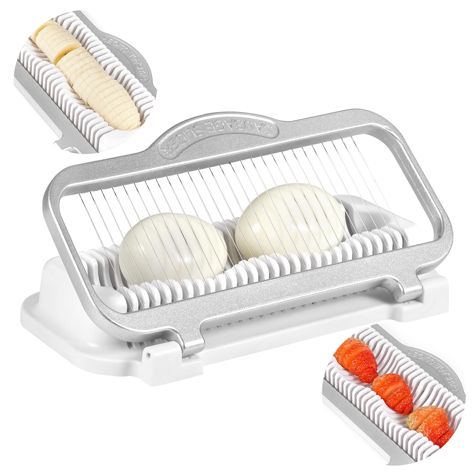 Larger Banana Slicer Egg Slicer for Hard Boiled Eggs, Stainless Steel & Aluminium Wires Strawberry slicer Multipurpose Heavy Duty Dishwasher Safe Banana Cutter slicer