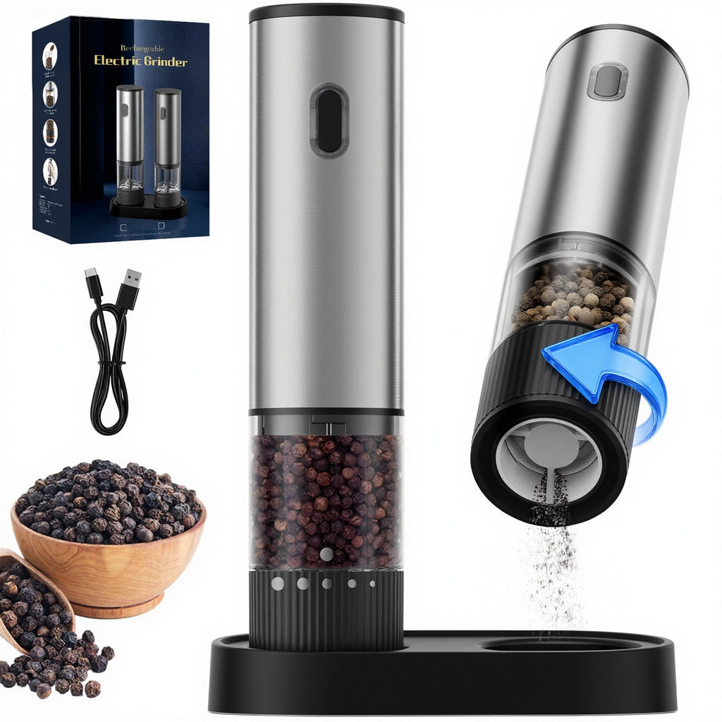 2pcs/Set, Electric Pepper Grinder Base Storage Black Pepper Grinder Automatic Pepper And Sea Salt Mill Stainless Steel Pepper Salt Grinder Battery Operated, Clear Bin, Kitchen Essentials, Kitchen Gifts, Holiday Gifts