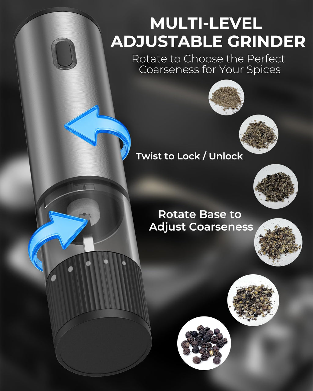 2pcs/Set, Electric Pepper Grinder Base Storage Black Pepper Grinder Automatic Pepper And Sea Salt Mill Stainless Steel Pepper Salt Grinder Battery Operated, Clear Bin, Kitchen Essentials, Kitchen Gifts, Holiday Gifts