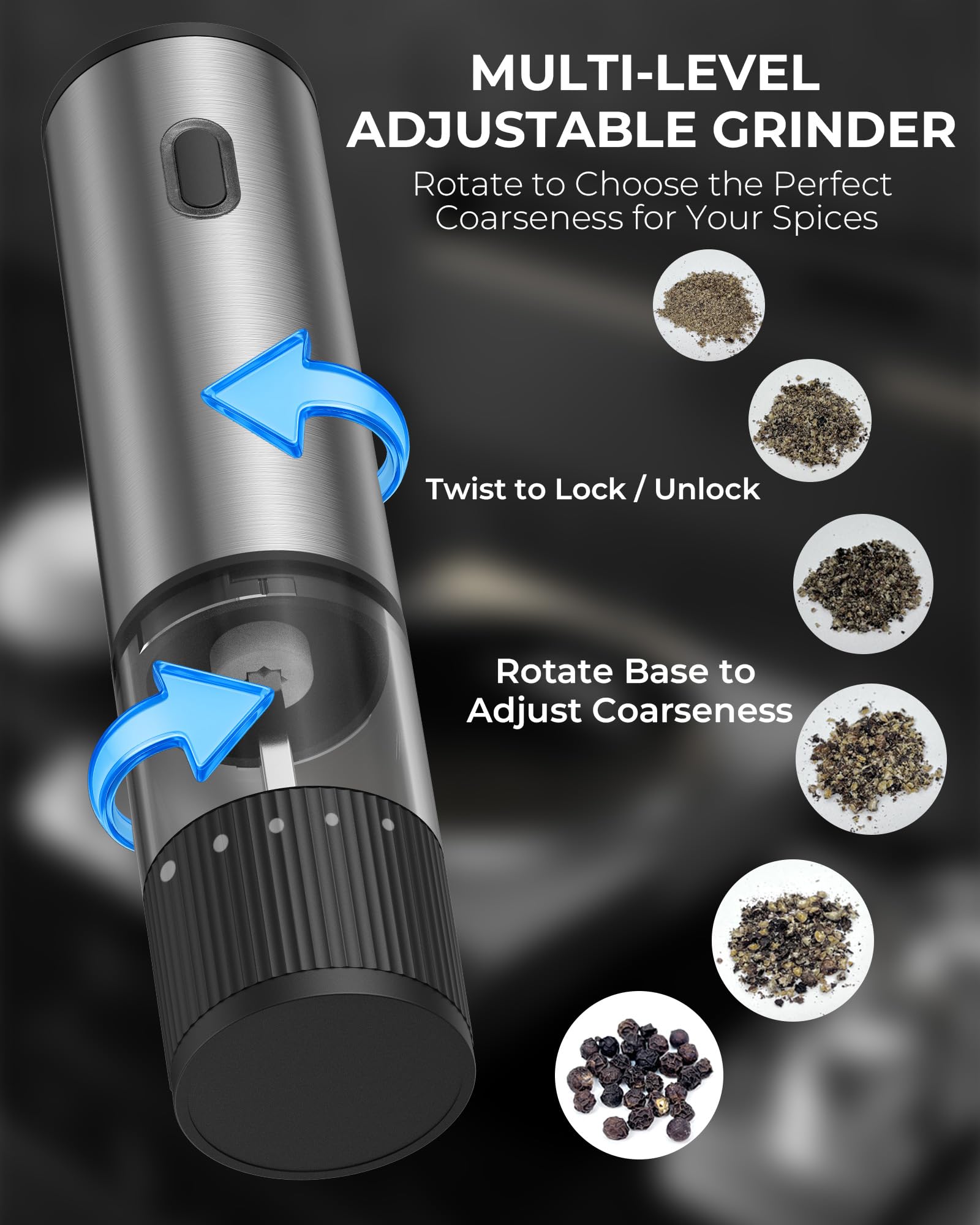 2pcs/Set, Electric Pepper Grinder Base Storage Black Pepper Grinder Automatic Pepper And Sea Salt Mill Stainless Steel Pepper Salt Grinder Battery Operated, Clear Bin, Kitchen Essentials, Kitchen Gifts, Holiday Gifts
