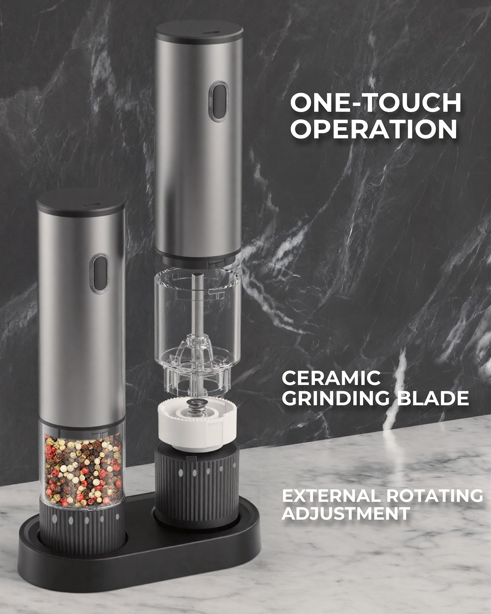 2pcs/Set, Electric Pepper Grinder Base Storage Black Pepper Grinder Automatic Pepper And Sea Salt Mill Stainless Steel Pepper Salt Grinder Battery Operated, Clear Bin, Kitchen Essentials, Kitchen Gifts, Holiday Gifts
