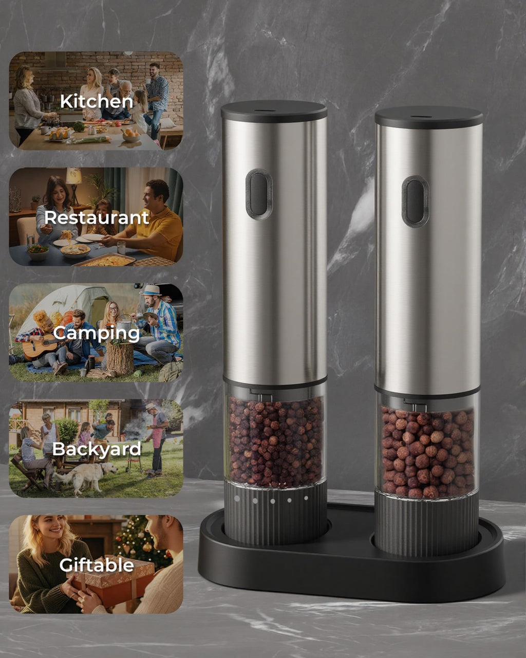 2pcs/Set, Electric Pepper Grinder Base Storage Black Pepper Grinder Automatic Pepper And Sea Salt Mill Stainless Steel Pepper Salt Grinder Battery Operated, Clear Bin, Kitchen Essentials, Kitchen Gifts, Holiday Gifts