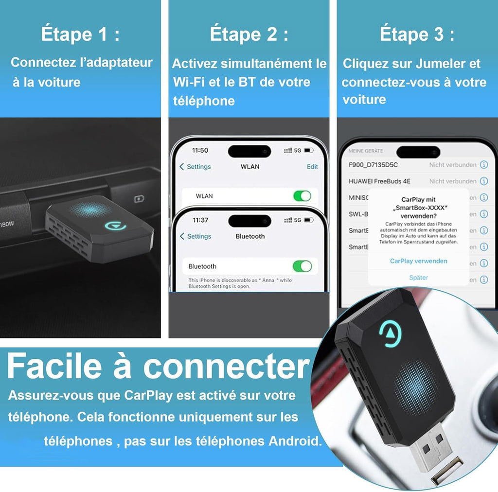 Wireless Carplay Adapter, Convert Wired to Wireless CarPlay, Compatible with CarPlay, Plug and Play, Type-C/USB, Suitable for 800+ Vehicles