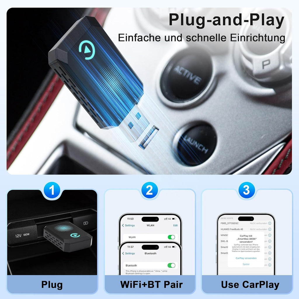 Wireless Carplay Adapter, Convert Wired to Wireless CarPlay, Compatible with CarPlay, Plug and Play, Type-C/USB, Suitable for 800+ Vehicles